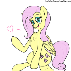 Size: 1280x1280 | Tagged: safe, artist:lookabombaboo, fluttershy, pegasus, pony, g4, 30 minute art challenge, chest fluff, female, heart, looking at you, open mouth, simple background, sitting, smiling, solo, white background