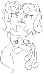 Size: 1129x1920 | Tagged: safe, artist:wafflecakes, bon bon, lyra heartstrings, sweetie drops, earth pony, pony, unicorn, g4, 30 minute art challenge, bedroom eyes, black and white, cuddling, female, grayscale, kissing, lesbian, looking at each other, monochrome, ship:lyrabon, shipping, simple background, tongue out, tongue to tongue, white background