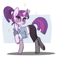 Size: 640x634 | Tagged: safe, artist:kapusha-blr, twilight sparkle, pony, unicorn, g4, abstract background, alternate hairstyle, clothes, colored pupils, curved horn, female, glasses, horn, looking at you, mare, ponytail, raised hoof, raised leg, shadow, shirt, skirt, smirk, solo, sparkles, stockings