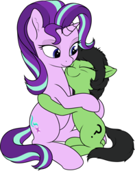 Size: 1982x2509 | Tagged: safe, artist:smoldix, starlight glimmer, oc, oc:filly anon, earth pony, pony, unicorn, g4, duo, ear fluff, eyes closed, female, filly, hug, mare, simple background, sitting, smiling, transparent background