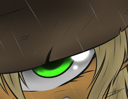Size: 900x700 | Tagged: safe, artist:thezealotnightmare, applejack, earth pony, pony, g4, close-up, determined, extreme close-up, eye, female, glare, gritted teeth, hat, mare, rain, samurai jack, solo