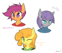 Size: 4200x3600 | Tagged: safe, artist:thezealotnightmare, carrot top, golden harvest, maud pie, scootaloo, earth pony, anthro, g4, bust, clothes, high res, no pupils, one eye closed, portrait, sketch, sketch dump, tongue out, wink