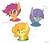 Size: 4200x3600 | Tagged: safe, artist:thezealotnightmare, carrot top, golden harvest, maud pie, scootaloo, earth pony, anthro, g4, bust, clothes, high res, no pupils, one eye closed, portrait, sketch, sketch dump, tongue out, wink