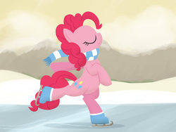Size: 2560x1920 | Tagged: safe, artist:dtcx97, pinkie pie, pony, winter wrap up, bipedal, clothes, cute, diapinkes, eyes closed, female, ice skating, profile, scarf, solo, winter