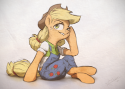 Size: 1200x850 | Tagged: safe, artist:assasinmonkey, applejack, earth pony, pony, semi-anthro, g4, clothes, cowboy hat, crossed hooves, dungarees, female, freckles, hat, head on hoof, mare, overalls, signature, sitting, solo, stetson, supporting head