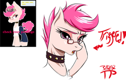 Size: 1373x887 | Tagged: safe, artist:binkyt11, artist:thethunderpony, derpibooru exclusive, oc, oc only, bust, check your privilege, choker, glasses, meme, pink hair, social justice warrior, solo, triggered