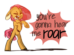Size: 1262x934 | Tagged: safe, artist:kapusha-blr, babs seed, earth pony, pony, g4, female, floppy ears, katy perry, rearing, roar (song), simple background, solo, song reference, yelling