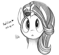 Size: 445x410 | Tagged: safe, anonymous artist, starlight glimmer, butterfly, g4, black and white, bust, female, grayscale, monochrome, open mouth, portrait, simple background, sketch, solo, white background, wide eyes