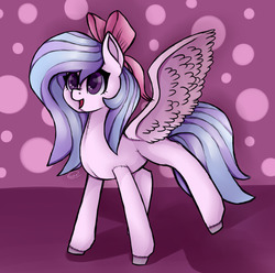 Size: 1166x1156 | Tagged: safe, artist:biskhuit, oc, oc only, oc:elizabeth, pegasus, plush pony, pony, bow, female, hair bow, mare, solo, spread wings