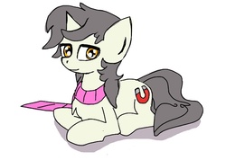 Size: 740x526 | Tagged: safe, oc, oc only, oc:short fuse, pony, unicorn, clothes, looking at you, male, scarf, simple background, sitting, solo, stallion, white background