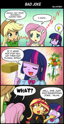 Size: 800x1542 | Tagged: safe, artist:uotapo, applejack, fluttershy, sunset shimmer, twilight sparkle, equestria girls, g4, clothes, comic, dialogue, engrish, flower, hay, hay bale, let them eat cake, speech bubble