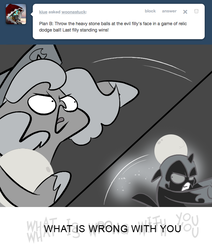 Size: 666x785 | Tagged: safe, artist:egophiliac, nightmare moon, princess luna, moonstuck, g4, ask, cartographer's cap, dark woona, filly, grayscale, hat, lunar stone, monochrome, nightmare woon, throwing, tumblr, woona, woonoggles, younger