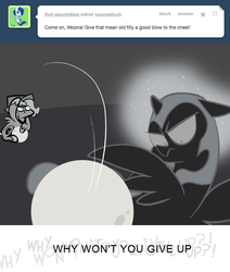 Size: 666x785 | Tagged: safe, artist:egophiliac, nightmare moon, princess luna, moonstuck, g4, ask, cartographer's cap, dark woona, filly, grayscale, hat, lunar stone, monochrome, nightmare woon, throwing, tumblr, woona, woonoggles, younger
