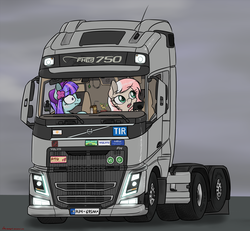 Size: 2300x2121 | Tagged: safe, artist:orang111, edit, oc, oc only, oc:camion, oc:fiji, leafeon, bobblehead, high res, pokémon, semi truck, simple background, truck, volvo, volvo fh