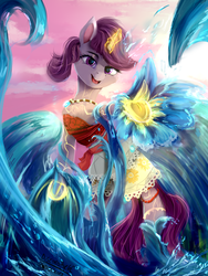 Size: 1500x2000 | Tagged: safe, artist:discordthege, oc, oc only, pony, unicorn, clothes, crossover, disney, female, gift art, glowing horn, horn, looking at you, magic, mare, moana, moana waialiki, open mouth, smiling, solo, water