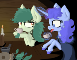 Size: 1508x1183 | Tagged: safe, artist:paskanaakka, derpibooru exclusive, oc, oc only, oc:bittergreen, oc:midnight dew, earth pony, pony, unicorn, candle, cloak, clothes, colored hooves, cup, disgusted, duo, ear fluff, female, horn, magic, mare, mortar and pestle, pony oc, table, teacup, telekinesis, tongue out, unicorn oc, unshorn fetlocks