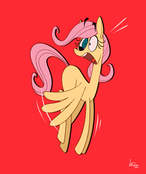 Size: 1024x1223 | Tagged: safe, artist:littmosa, fluttershy, g4, blank flank, faic, female, filly, filly fluttershy, floating, looking away, open mouth, red background, scared, screaming, simple background, solo, spread wings, turned head, wide eyes
