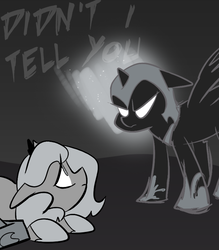 Size: 666x761 | Tagged: safe, artist:egophiliac, nightmare moon, princess luna, moonstuck, g4, cartographer's cap, crown, dark woona, filly, glowing eyes, hat, jewelry, monochrome, nightmare woon, partial color, regalia, tumblr, woona, younger