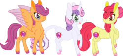 Size: 3123x1422 | Tagged: safe, artist:casanova-mew, apple bloom, scootaloo, sweetie belle, classical unicorn, pony, unicorn, g4, colored wings, curved horn, cutie mark crusaders, horn, leonine tail, raised hoof, simple background, transparent background