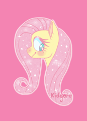Size: 775x1080 | Tagged: safe, artist:kidgore, fluttershy, g4, blushing, bust, female, looking away, looking down, pink background, portrait, profile, simple background, solo, sparkly
