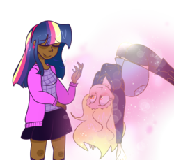 Size: 1024x937 | Tagged: safe, artist:cubbybatdoodles, derpy hooves, twilight sparkle, human, g4, dark skin, duo, eyes closed, female, humanized, lesbian, magic, rainbow ponies, ship:twerpy, shipping, simple background, telekinesis, transparent background