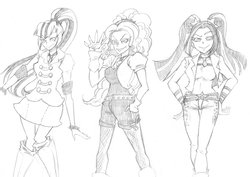 Size: 2048x1454 | Tagged: safe, artist:raika0306, adagio dazzle, aria blaze, sonata dusk, equestria girls, g4, grayscale, looking at you, monochrome, simple background, the dazzlings, traditional art