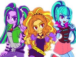 Size: 960x720 | Tagged: safe, artist:raika0306, adagio dazzle, aria blaze, sonata dusk, equestria girls, g4, my little pony equestria girls: rainbow rocks, clothes, looking at you, one eye closed, pants, pigtails, ponytail, simple background, skirt, the dazzlings, twintails, wink