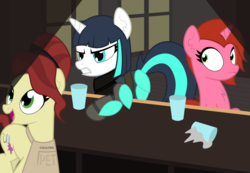 Size: 1024x707 | Tagged: safe, artist:rainbowsurvivor, oc, oc only, oc:cherry pin, oc:cocktail, oc:dragonfire, earth pony, pony, unicorn, fallout equestria, fallout equestria: child of the stars, alcohol, bar, commission, fallout