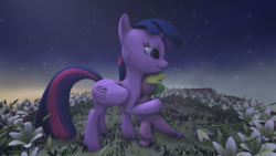 Size: 2000x1125 | Tagged: safe, artist:ghost3641, spike, twilight sparkle, alicorn, dragon, pony, g4, 3d, flower, hug, source filmmaker, stars, twilight (astronomy), twilight sparkle (alicorn)