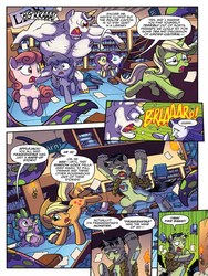 Size: 720x960 | Tagged: safe, artist:tonyfleecs, idw, official comic, applejack, cyclops-clops, fluttershy, frankenstag's monster, rarity, shadow lock, spike, alicorn, cyclops, dragon, earth pony, pony, unicorn, from the shadows, g4, spoiler:comic, spoiler:comic52, background pony, book, comic, fear, female, frankenstein's monster, library, male, mare, monster, preview, pyrophobia, scared, speech bubble, stallion, unnamed character, unnamed pony