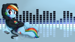 Size: 3840x2160 | Tagged: safe, artist:pucksterv, rainbow dash, g4, clothes, cute, dashabetes, female, high res, hoodie, looking at you, monstercat, mp3 player, patreon, shading, smiling, solo, sweater, wallpaper