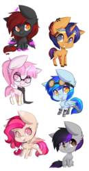 Size: 600x1155 | Tagged: safe, artist:teranen, oc, oc only, oc:electric spark, oc:jey, oc:stormy skies, earth pony, pegasus, pony, unicorn, chibi, clothes, colored pupils, commission, glasses, goggles, jewelry, looking at you, necklace, scarf, simple background, tongue out, transparent background