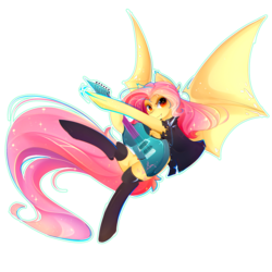 Size: 2400x2400 | Tagged: safe, artist:koveliana, fluttershy, bat pony, pony, g4, chromatic aberration, clothes, female, flutterbat, guitar, high res, jacket, large wings, race swap, simple background, smiling, socks, solo, spread wings, transparent background