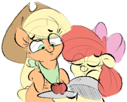 Size: 259x208 | Tagged: safe, artist:hattsy, derpibooru exclusive, apple bloom, applejack, g4, apple, bow, cowboy hat, eyes closed, eyes on the prize, fancy, food, hair bow, hat, neckerchief, platter, smiling, stetson