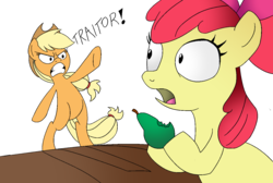 Size: 1400x940 | Tagged: safe, artist:bgf, artist:mr square, apple bloom, applejack, earth pony, pony, g4, belly, betrayal, bipedal, caught, dishonorapple, fn-2199, food, hilarious in hindsight, hoof hold, pear, pearesy, pearlarious in hindsight, simple background, spoilers for another series, star wars, star wars: the force awakens, that pony sure does hate pears, tr-8r, traitor, transparent background
