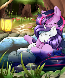 Size: 1200x1440 | Tagged: safe, artist:madacon, rarity, twilight sparkle, pony, unicorn, g4, cuddling, cute, duo, duo female, eyes closed, female, flower, forest, grass, horn, lantern, lesbian, mare, nature, raribetes, relaxing, ship:rarilight, shipping, smiling, snuggling, tree, twiabetes, water