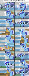 Size: 1282x3304 | Tagged: safe, cheerilee, derpy hooves, fluttershy, minuette, rainbow dash, scootaloo, spitfire, pegasus, pony, unicorn, comic:celestia's servant interview, g4, caption, cs captions, eyes closed, female, interview, looking at you, mare, smiling, toothbrush