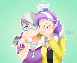 Size: 2200x1800 | Tagged: safe, artist:pika-chany, diamond tiara, silver spoon, human, g4, clothes, duo, eyes closed, humanized, jewelry, laughing, laughinggirls.jpg, laughingmares.jpg, meme, simple background, smiling, tiara