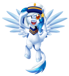 Size: 1600x1751 | Tagged: safe, artist:centchi, oc, oc only, oc:star seeker, hippogriff, colored pupils, female, hat, mare, one eye closed, salute, simple background, solo, spread wings, transparent background, watermark, wink