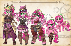 Size: 1600x1035 | Tagged: safe, artist:shepherd0821, oc, oc only, oc:precious metal, human, pony, anthro, semi-anthro, unguligrade anthro, adorable face, anthro chart, anthro with ponies, belly button, clothes, cute, humanized, midriff, solo, steampunk
