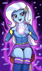 Size: 1929x3275 | Tagged: safe, artist:sumin6301, trixie, equestria girls, g4, boots, clothes, cute, diatrixes, female, hoodie, looking at you, magic, open mouth, sitting, skirt, smiling, solo, stool, sweater