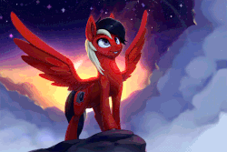 Size: 830x554 | Tagged: safe, artist:rodrigues404, oc, oc only, oc:scarlet sound, pegasus, pony, animated, cinemagraph, cloud, commission, female, gif, looking up, mare, smiling, solo, spread wings, stars