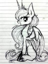 Size: 1536x2048 | Tagged: safe, artist:liaaqila, princess luna, g4, female, filly, lined paper, looking at you, monochrome, open mouth, profile, sitting, solo, spread wings, traditional art, woona, younger