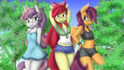 Size: 6000x3375 | Tagged: safe, artist:ambris, artist:kurausuki, apple bloom, scootaloo, sweetie belle, earth pony, pegasus, unicorn, anthro, g4, absurd resolution, arm behind head, armpits, belly button, blushing, bow, clothes, cutie mark crusaders, delicious flat chest, dress, female, flatie belle, hair bow, midriff, nubile, older, scootaflat, sports bra, sports shorts, teenager, wallpaper