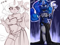 Size: 1280x954 | Tagged: safe, artist:yukomaussi, princess luna, alicorn, anthro, unguligrade anthro, g4, belly button, bra, choker, chokerluna, clothes, crop top bra, draw this again, dress, glowing eyes, improvement, panties, shoes, staff, stockings, thigh highs, underwear