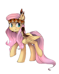 Size: 2035x2524 | Tagged: safe, artist:share dast, fluttershy, bird, pegasus, pony, g4, feather, female, fluttersquaw, headband, high res, looking at something, looking sideways, mare, native american, one wing out, raised hoof, raised leg, simple background, smiling, solo, walking, white background