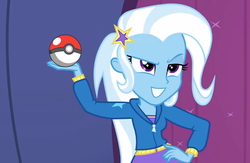 Size: 864x564 | Tagged: artist needed, safe, edit, edited screencap, screencap, trixie, equestria girls, g4, my little pony equestria girls: rainbow rocks, female, grin, hand on hip, poké ball, pokémon, raised eyebrow, smiling, solo