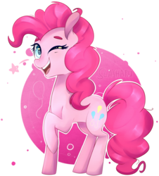 Size: 1024x1131 | Tagged: safe, artist:slasharu, pinkie pie, earth pony, pony, g4, abstract background, cute, diapinkes, female, mare, one eye closed, open mouth, raised hoof, solo, stars, wink