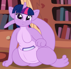 Size: 2764x2710 | Tagged: safe, artist:badumsquish, derpibooru exclusive, twilight sparkle, kangaroo, kangaroonicorn, g4, book, chubby, female, high res, looking at you, pouch, sitting, smiling, solo, species swap, sultry pose, wat