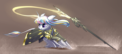 Size: 3840x1714 | Tagged: safe, artist:underpable, oc, oc only, oc:lorelei, classical unicorn, pony, unicorn, :t, armor, clothes, cloven hooves, commission, horn, leonine tail, magic, solo, sword, unshorn fetlocks